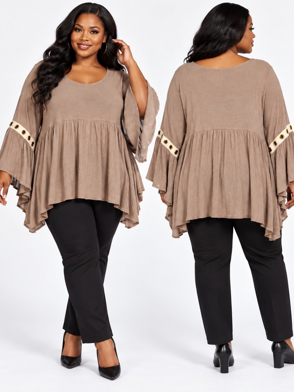 Something Urban Women’s 2XL Taupe Bell Sleeve Babydoll Tunic Grommet Top